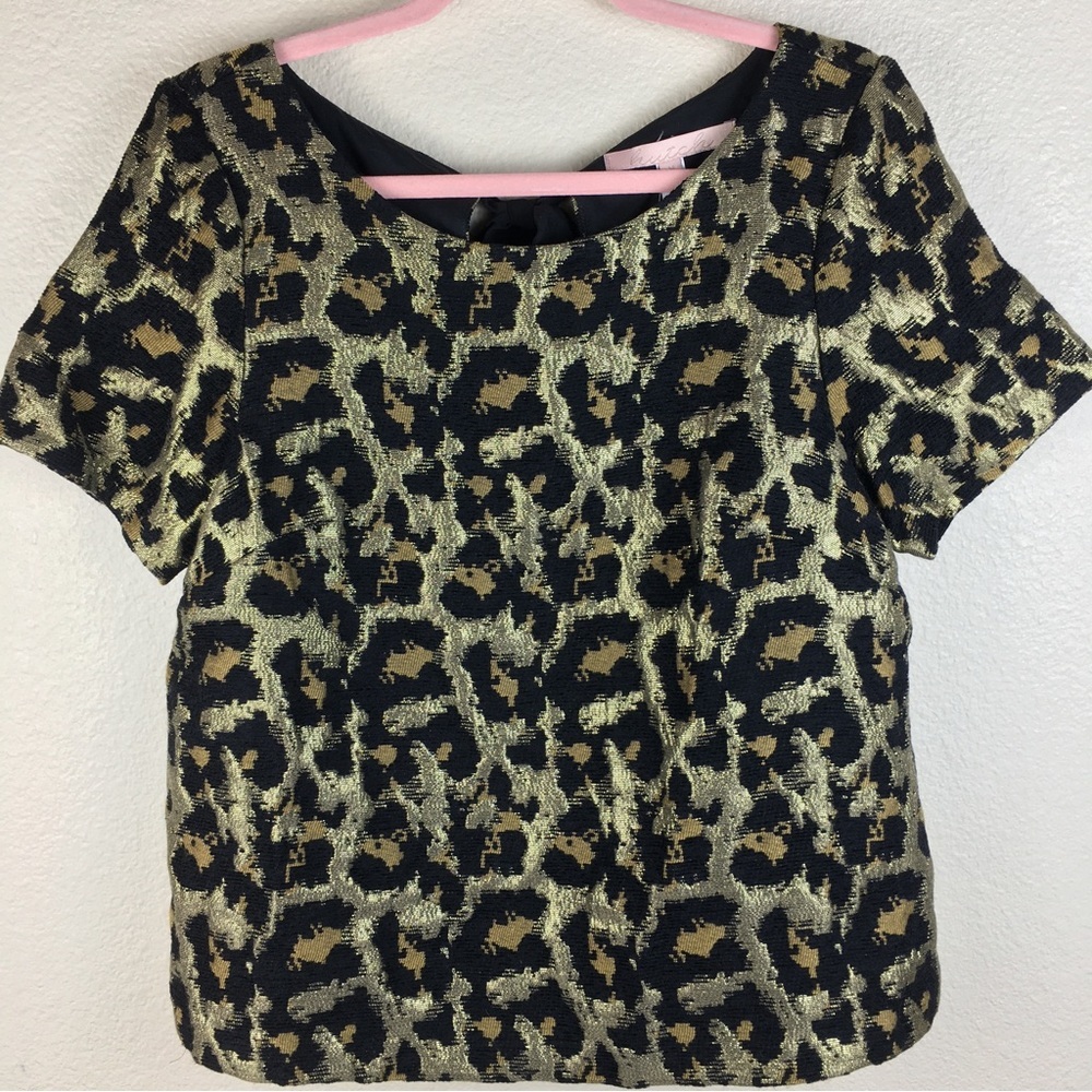 Hutch Anthropologie Women's Blouse Metallic Leopard Short Sleeve Tie Back Med